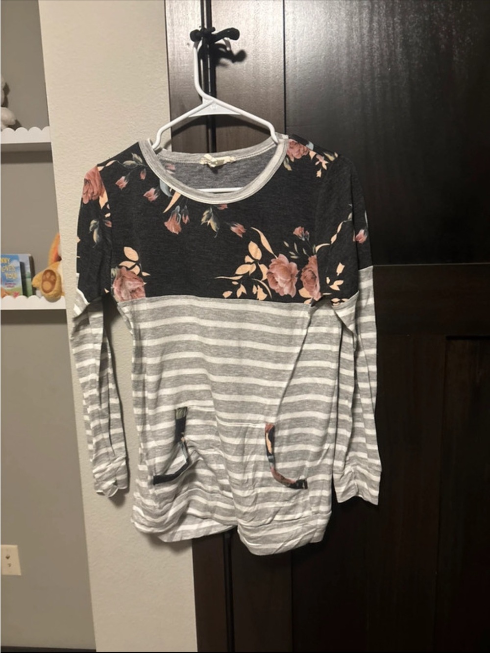 Amazon Gray Striped Pullover with Pink Floral Yoke